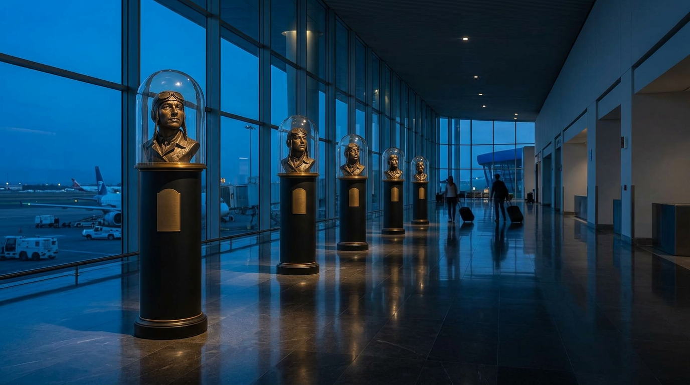 Corredor aeroportuario con esculturas patrimoniales iluminadas