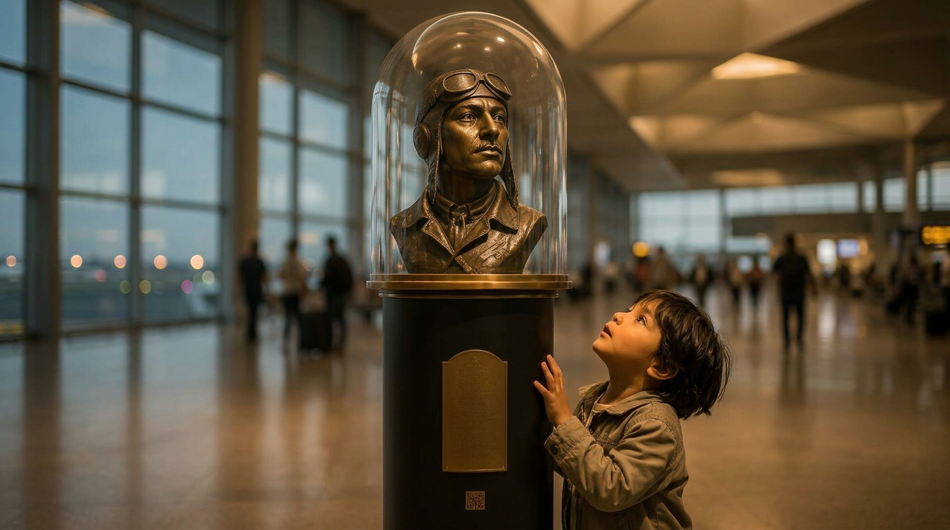 Niño conversando con un busto patrimonial en un aeropuerto