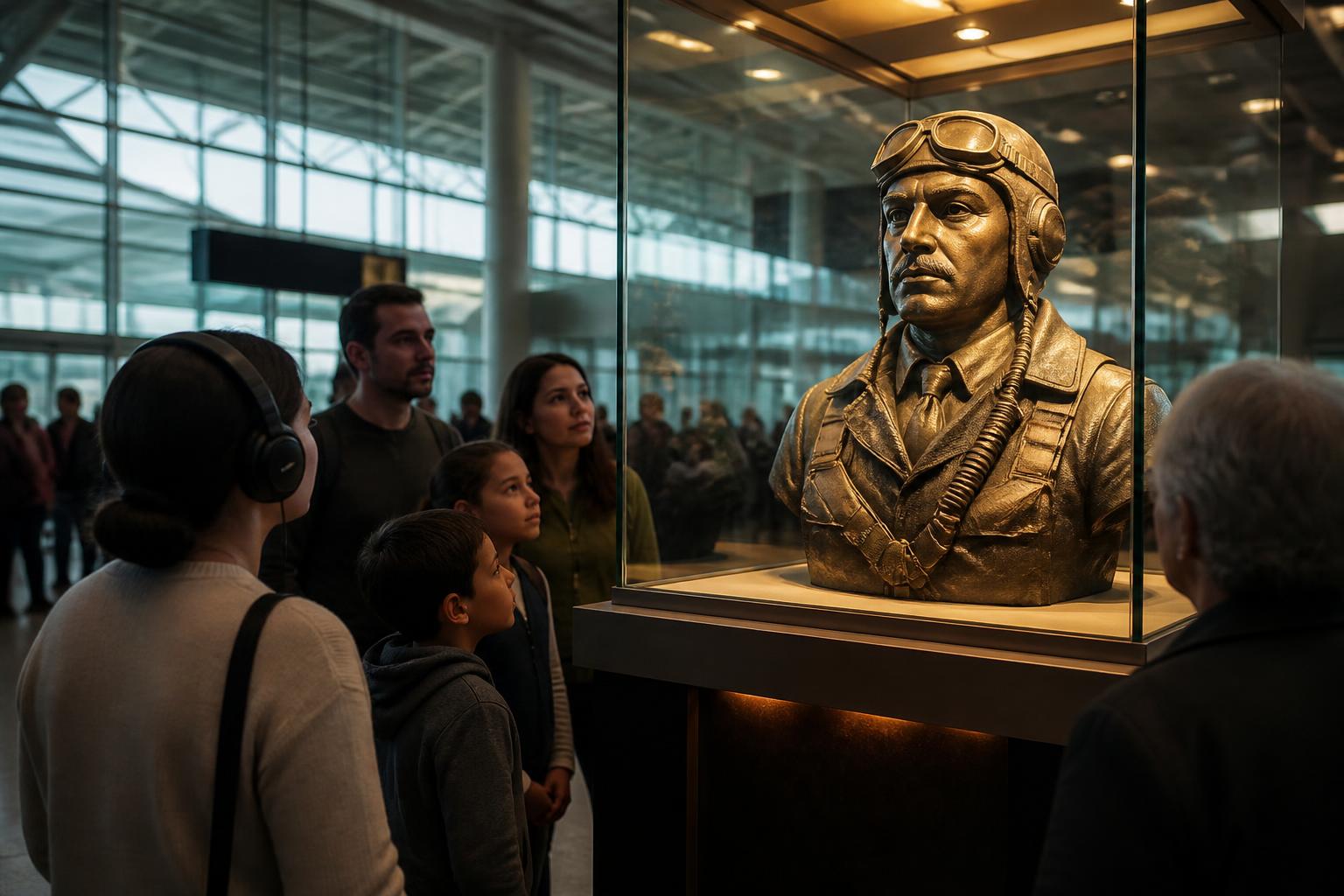 Familia interactuando con un busto patrimonial de un aviador mexicano